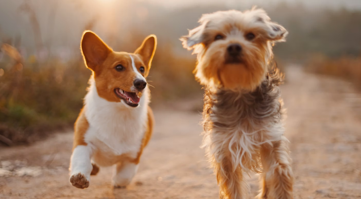 Two small dogs running together on a trail